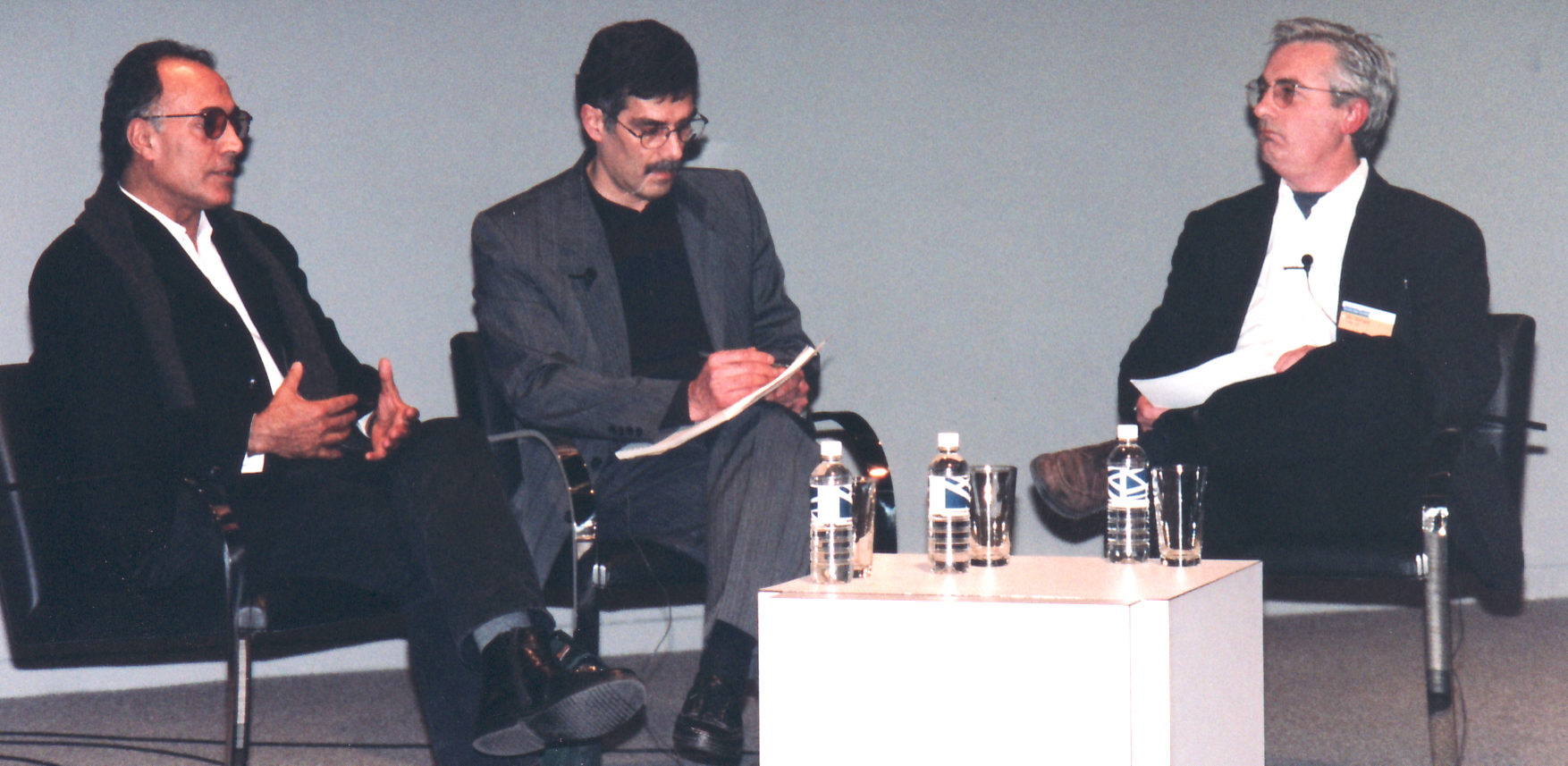 Iranian filmmaker Abbas Kiarostami talking with Wexner Center curator at large Bill Horrigan in 1998