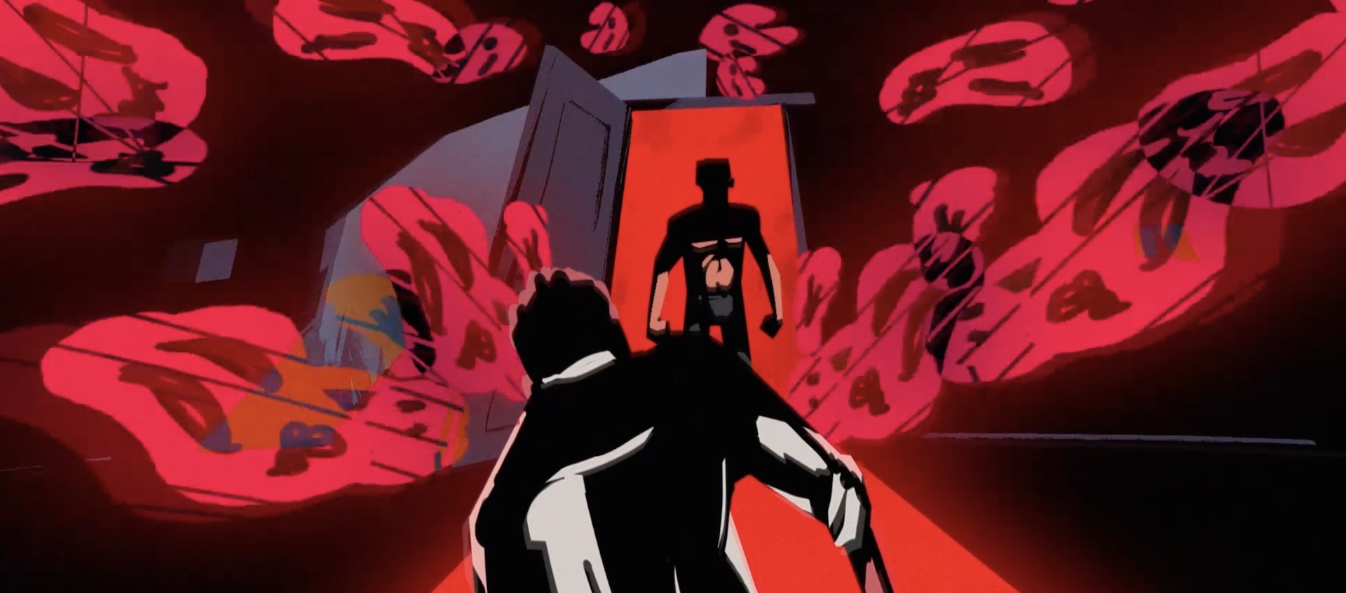 An animated scene of a man in a room full of red abstract shapes in the air, seen in the foreground with his back to the viewer, facing a man in the background who's standing in the doorway in silhouette, red light filling the space behind him
