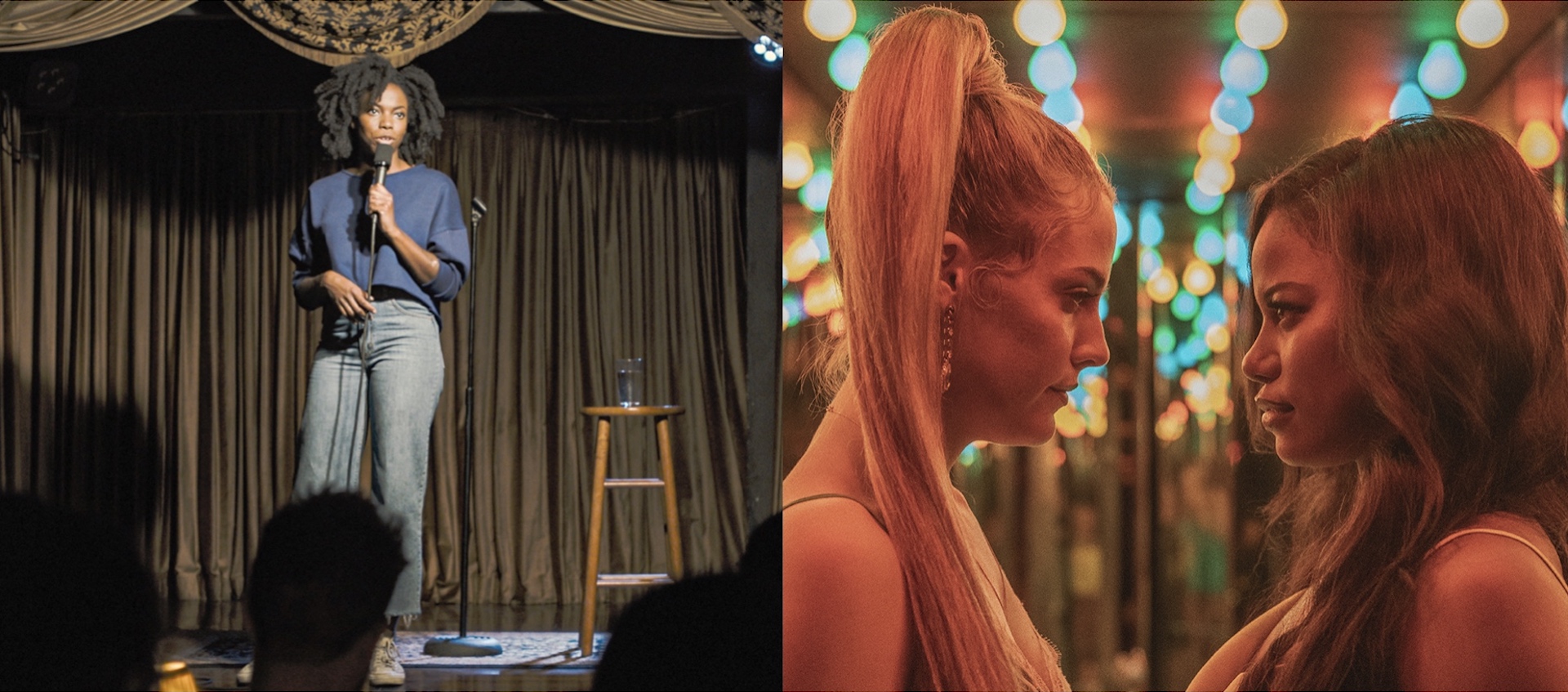 Side-by-side stills from the films The Weekend and Zola