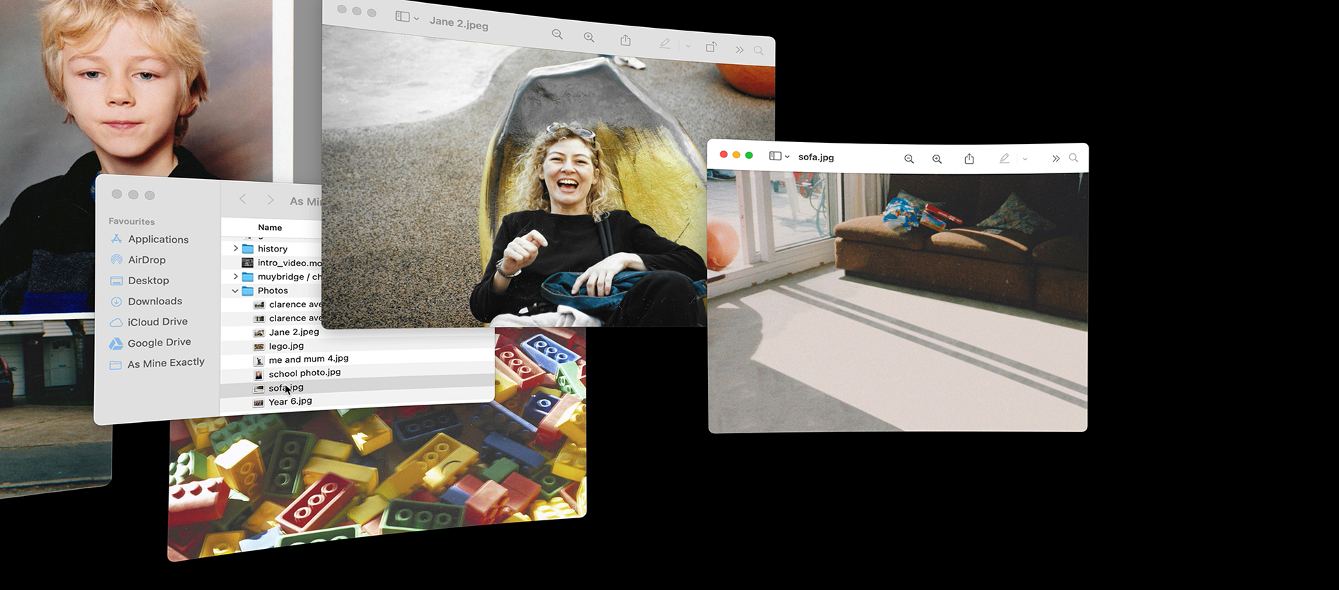 Five separate images of computer screens, one features a young blond boy, one is a list of files in a computer folder, one is a pile of colorful lego bricks, one is a woman with blonde curly hair leaning on her back and laughing, the final image is a living room with sunlight pouring through a sliding door window