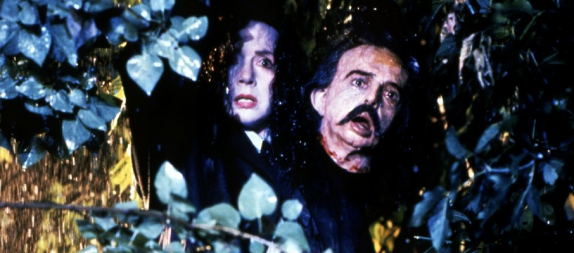 A distorted image of a woman holding a man’s head. She appears to be standing in a bush; the faces are framed by green leaves.