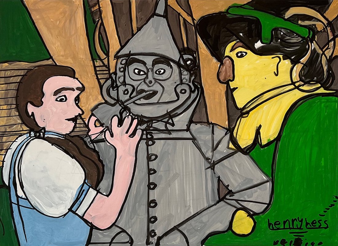 A colorful painting in a naive style depicting a scene from the movie The Wizard of Oz