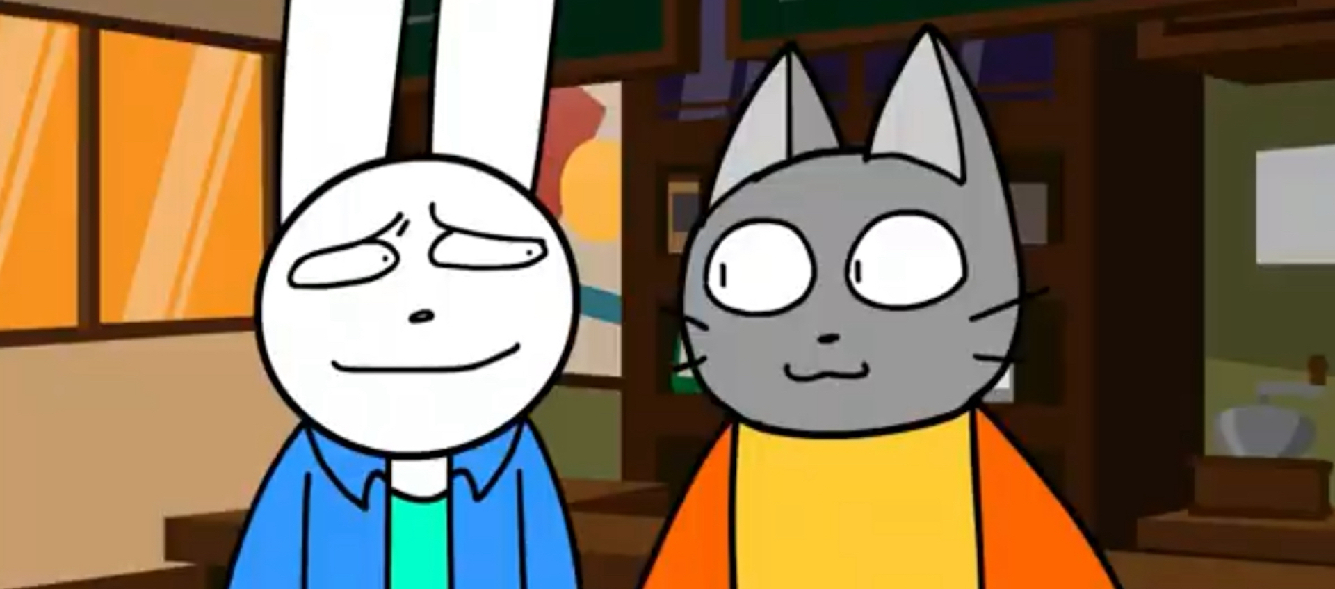 Colorful still from an animated short with a bunny and a cat standing upright in human clothing. They're at the center of the frame, looking at one another.