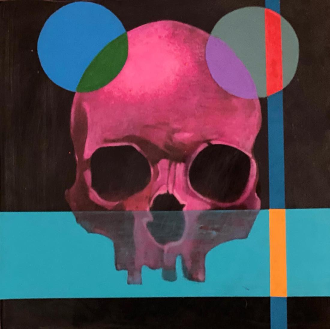 A square painted canvas with a pink skull at the center and a few geometric shapes framing it.