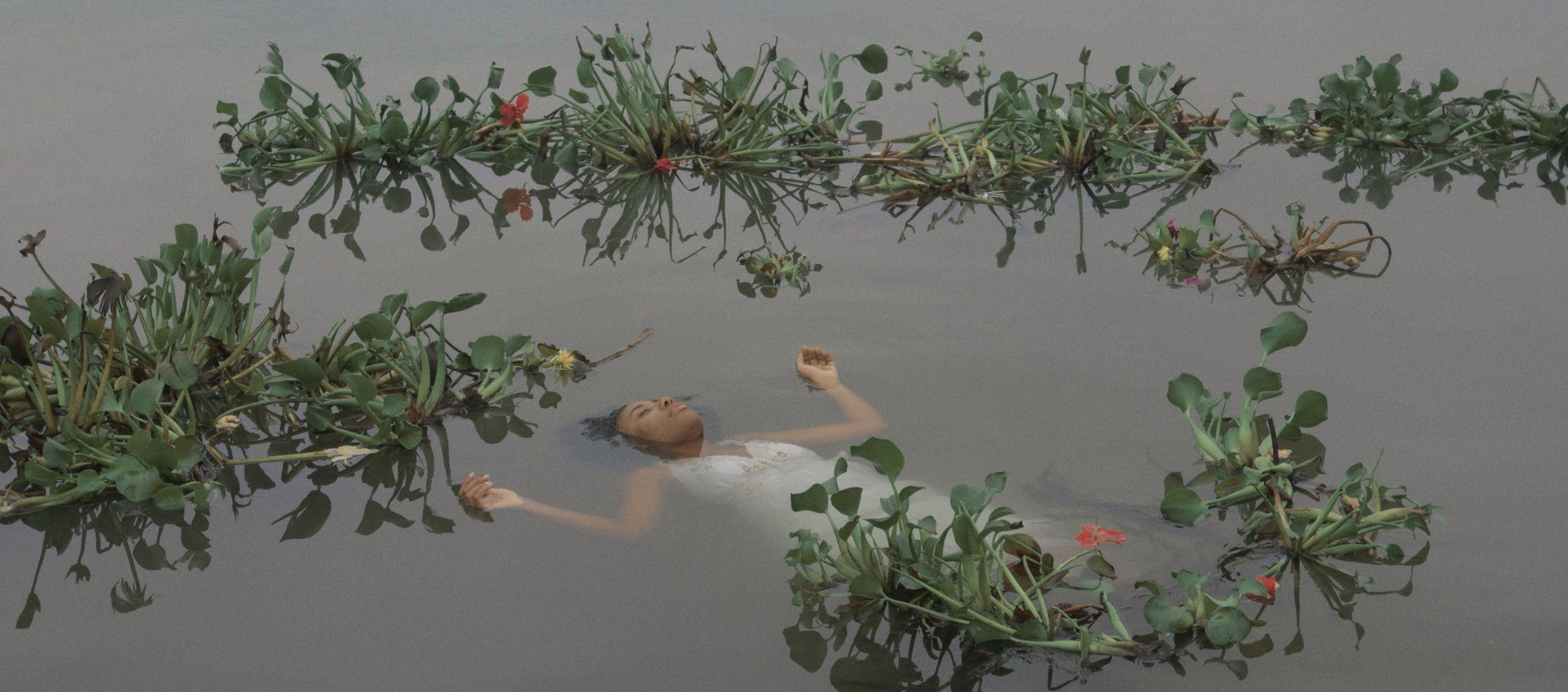 A woman with brown skin wears a white dress and floats in still water with her arms outstretched. Leafy water plants with small flowers surround her.