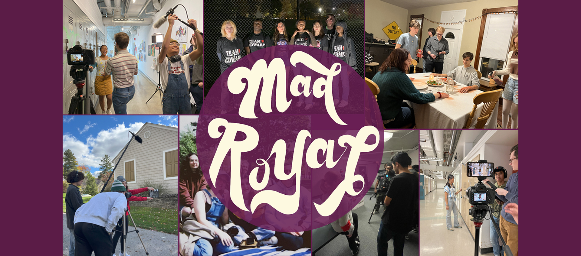 A grid of various photographs of Ohio State students making films behind a purple Mad Royal logo.  