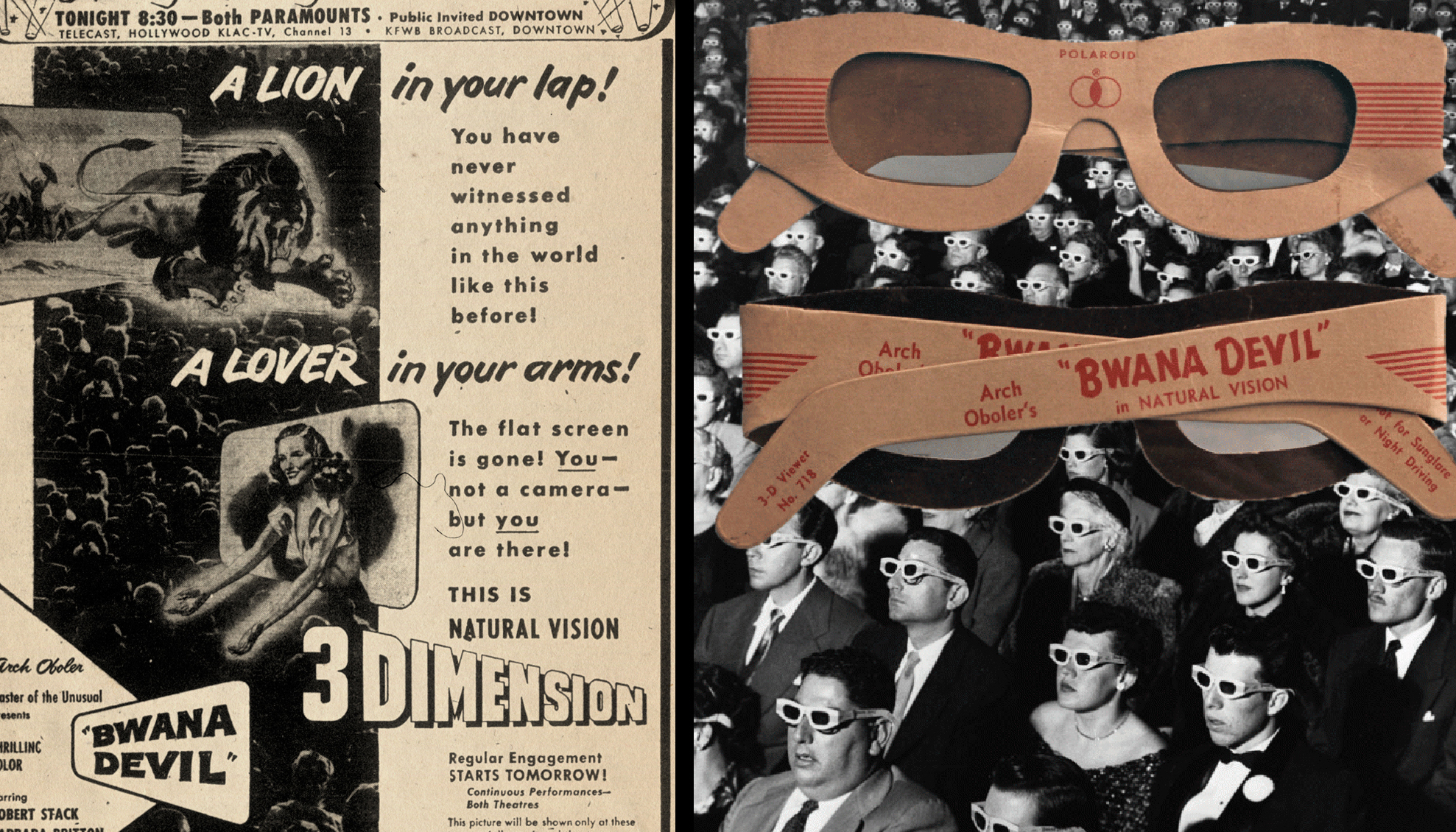 An advertisement for Bwana Devil is shown on the left with an image of an audience from 1952 wearing 3D glasses on the right.