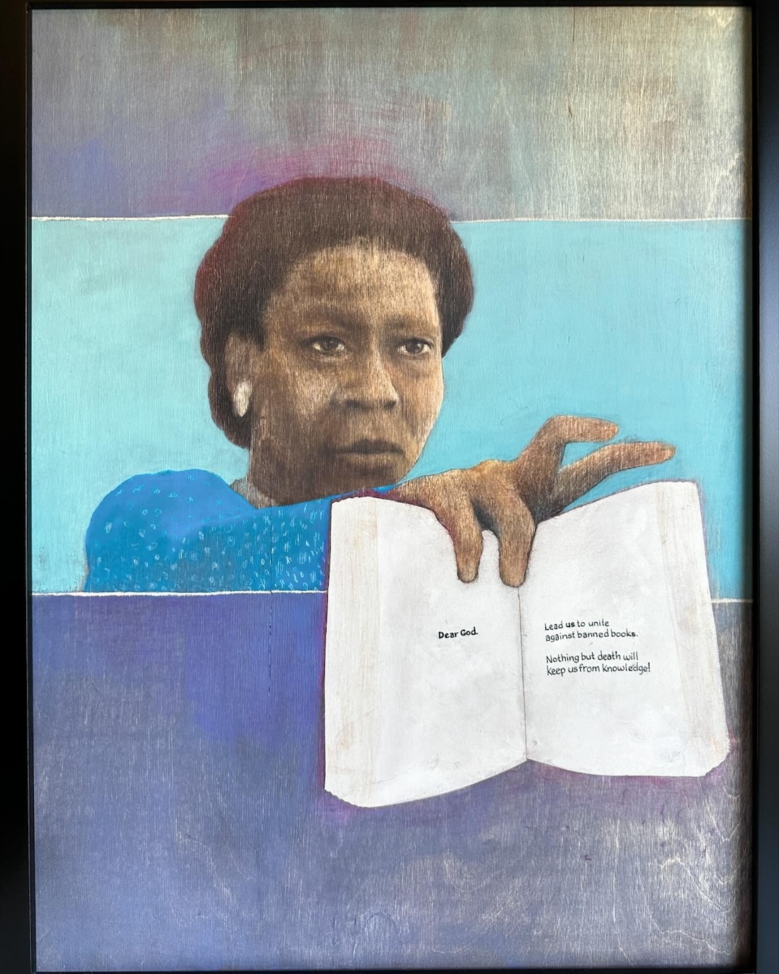 Mixed media painting on wood of a Black woman holding out an open book.