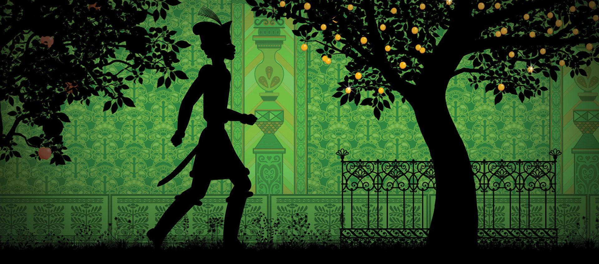 a cartoon of a boy walking past trees with yellow fruits