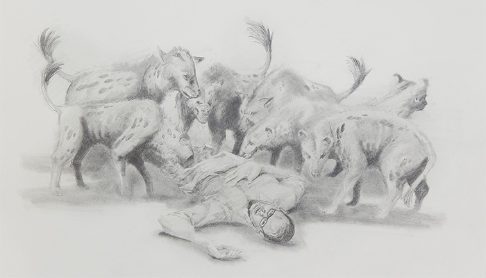 Illustration of hyenas and man