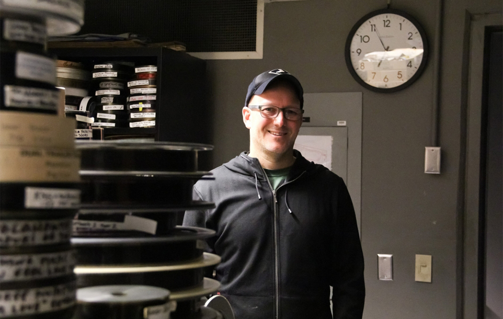 Filmmaker Bill Morrison in the Wexner Center for the Arts projection booth