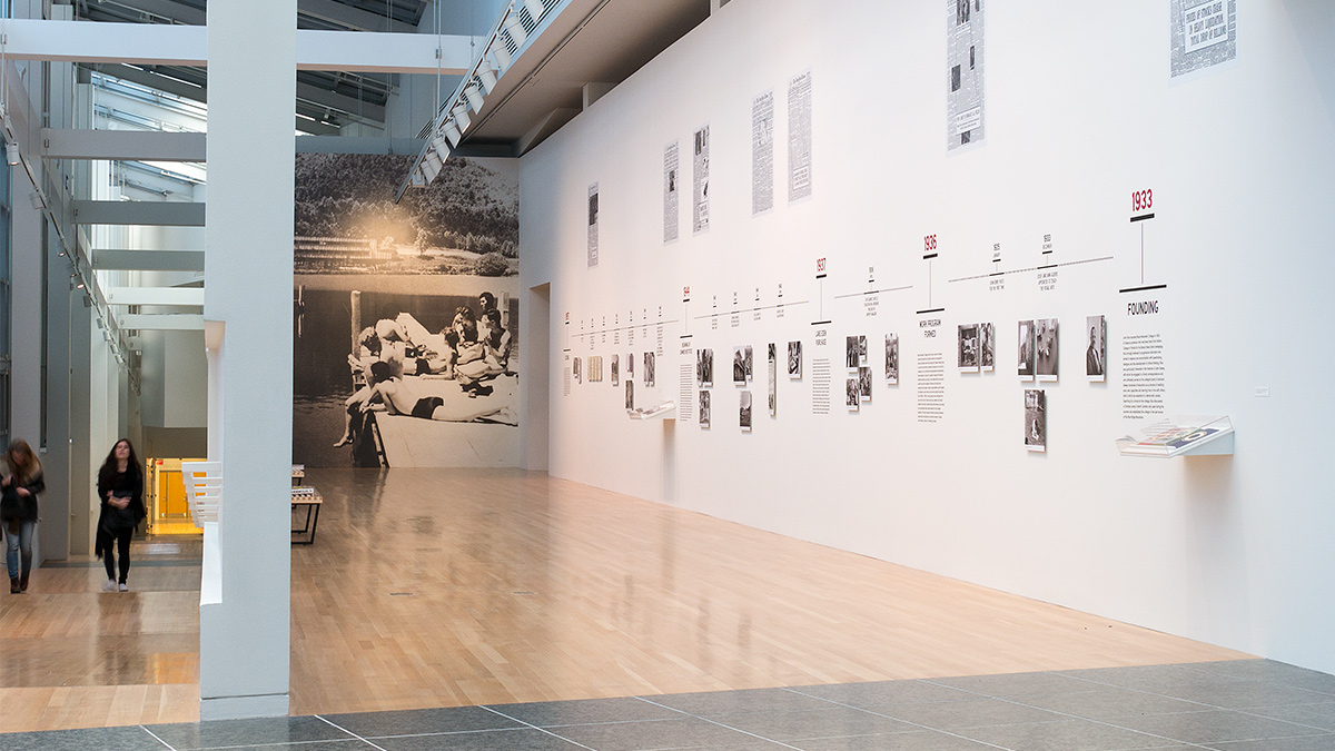 installation view of a large timeline across an entire wall of the Wexner Center galleries