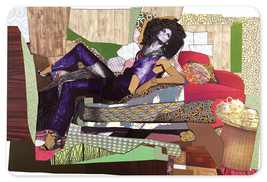 Collage style painting of a black woman posing on a couch wearing a purple jumpsuit and heels