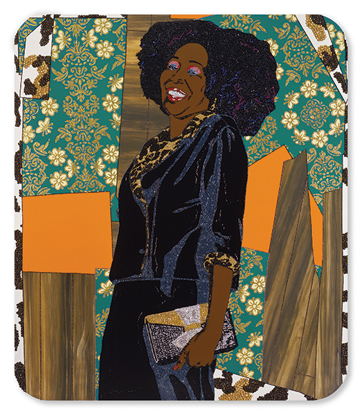 "Mama Bush (Your Love Keeps Lifting Me Higher)", a collaged portrait of artist Mickalene Thomas's mother in black formal attire on patterned backgrounds