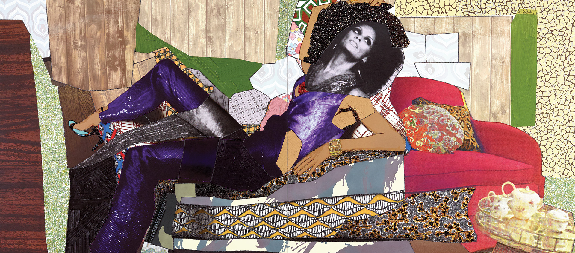 Collage style painting of a black woman posing on a couch wearing a purple jumpsuit and heels. 