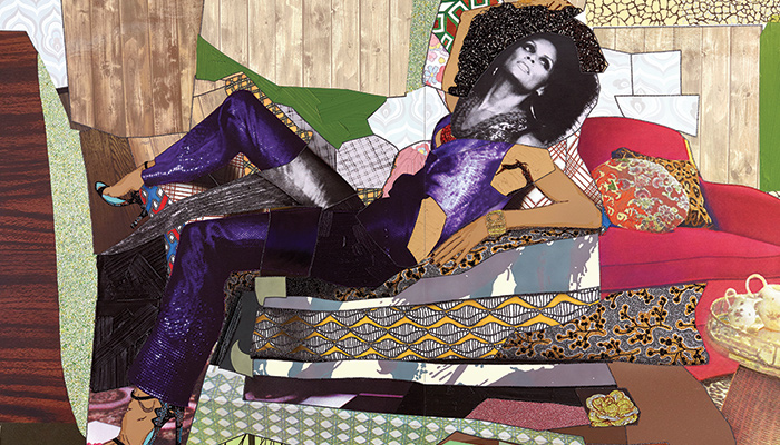 Artist Mickalene Thomas' painting of a black woman posing on a couch with her foot raised in a collage of colorful materials