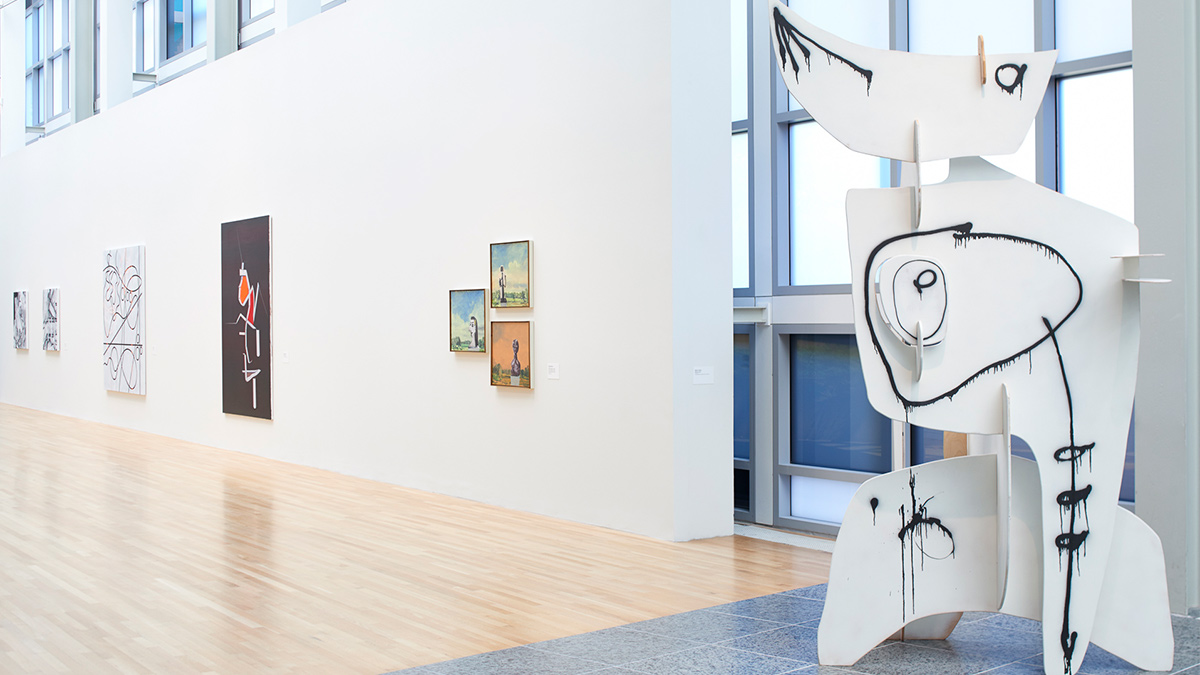 Installation view including a sculpture that resembles a bull from Picasso's Guernica