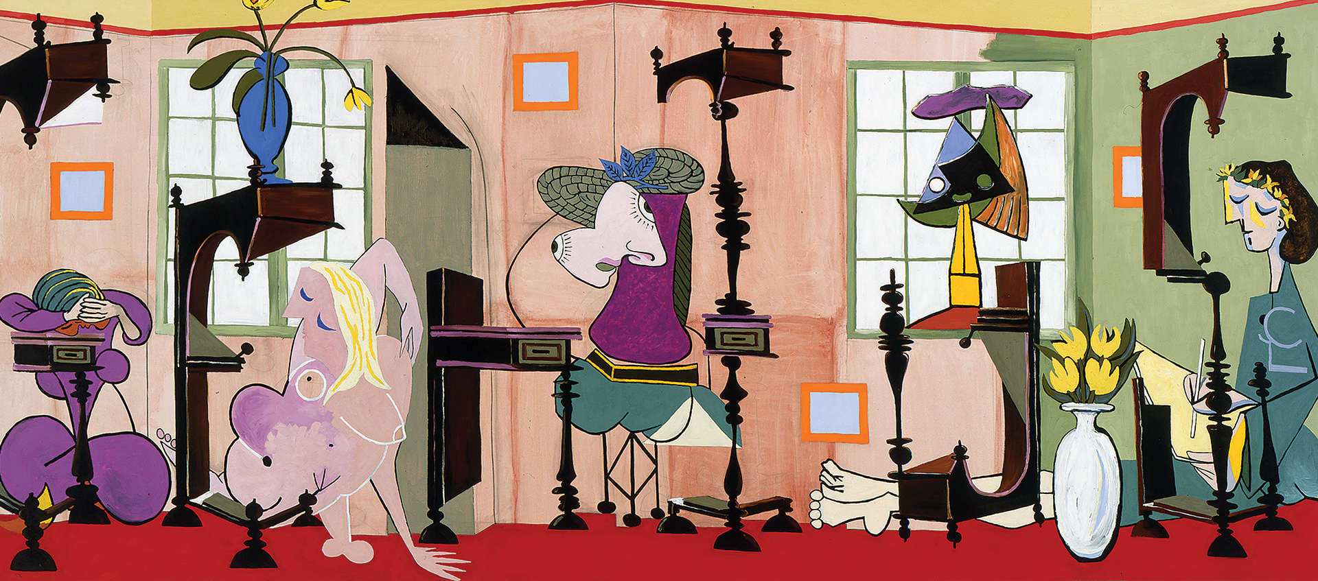 Detail of Sean Landers work showing several figures interacting in a colorful room rendered in a surreal Picasso style