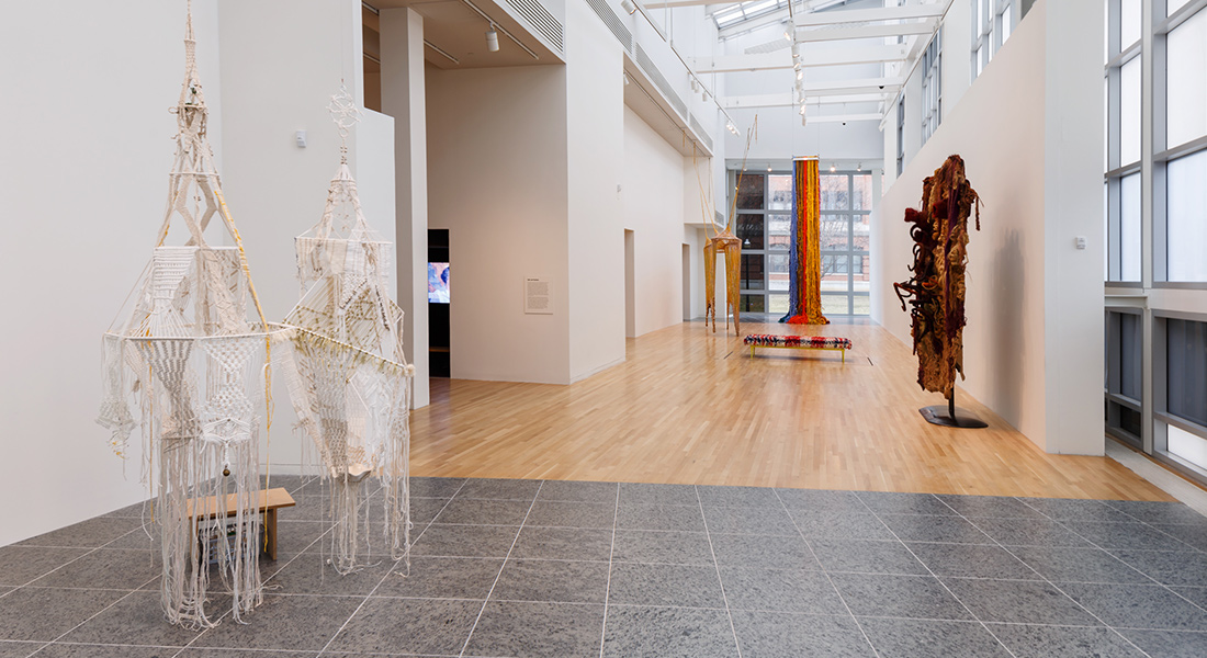 Installation view of several textile works in the Wexner Center galleries