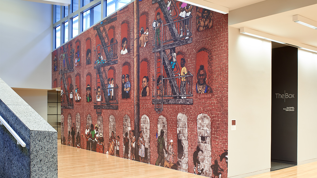 Large mural reproduction of one of Martin Wong's street scenes in the Wexner Center lobby 