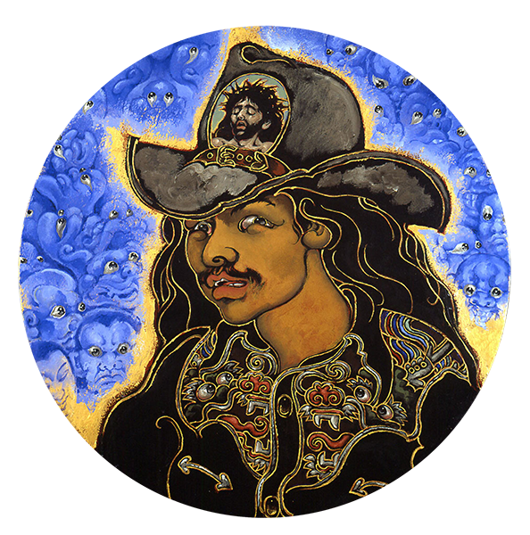 Self portrait of Martin Wong in large cowboy hat