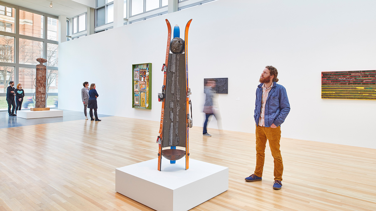 Installation view of several mixed media pieces in the Wexner Center galleries