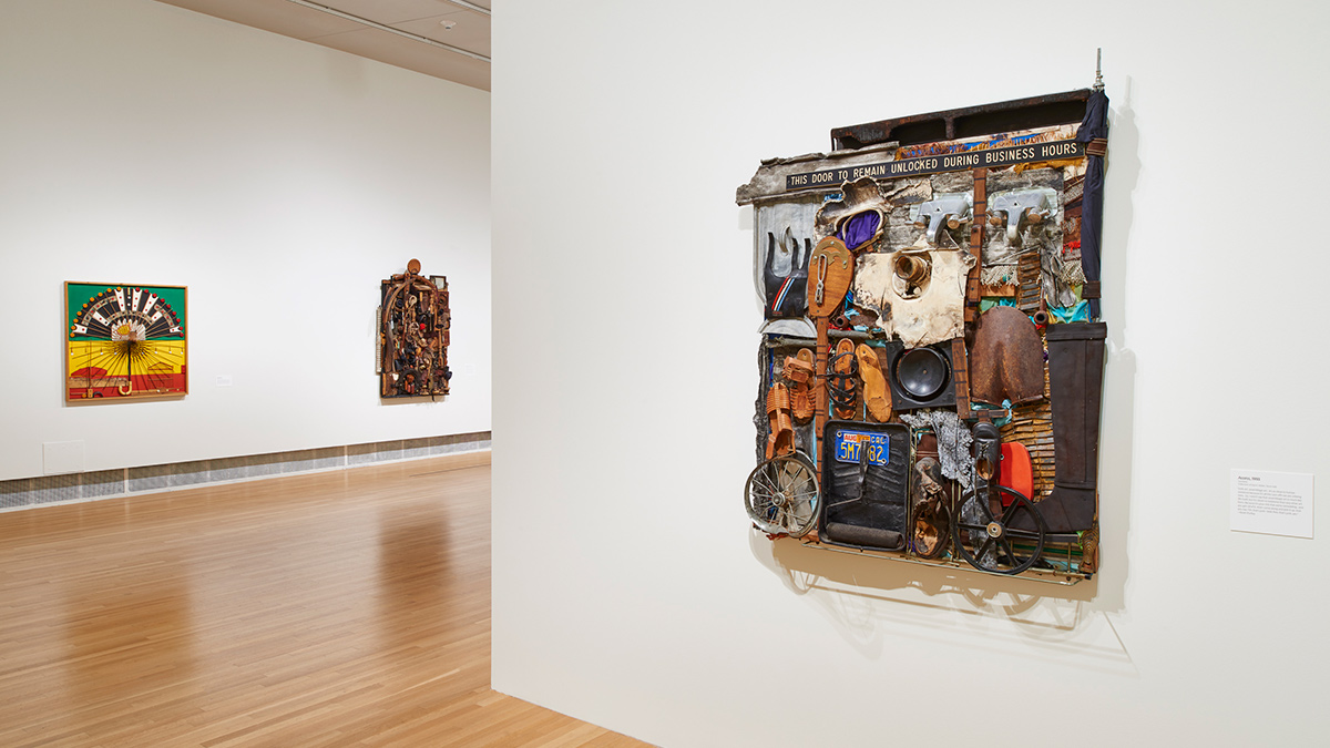 Installation view of several mixed media pieces in the Wexner Center galleries