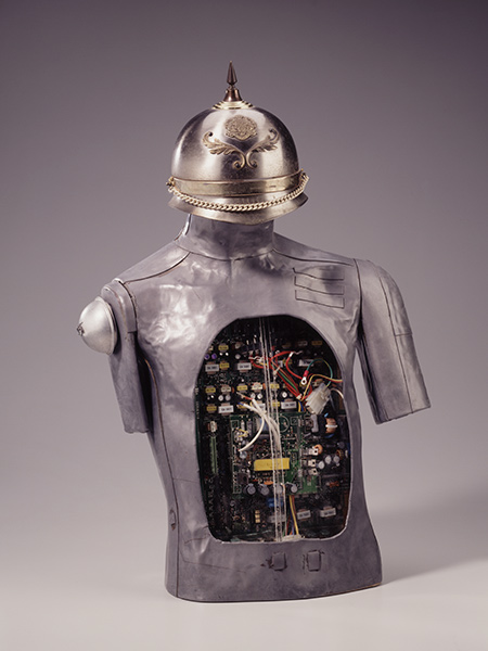 Sculptural bust with exposed circuits resembling a robot