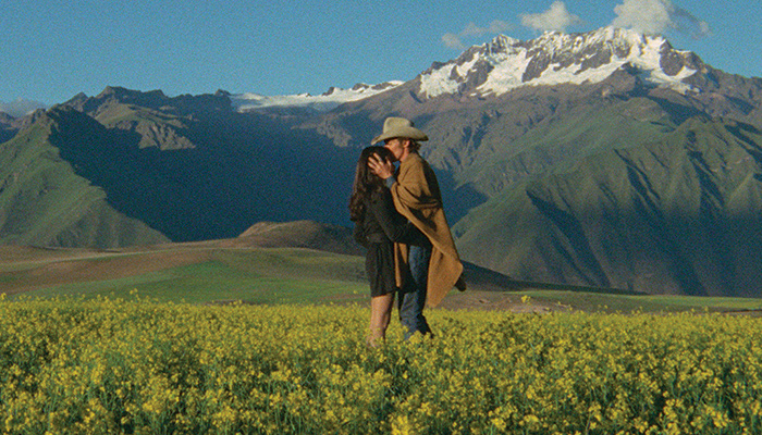 Two people standing in the middle of a prairie with snow capped mountains in the background