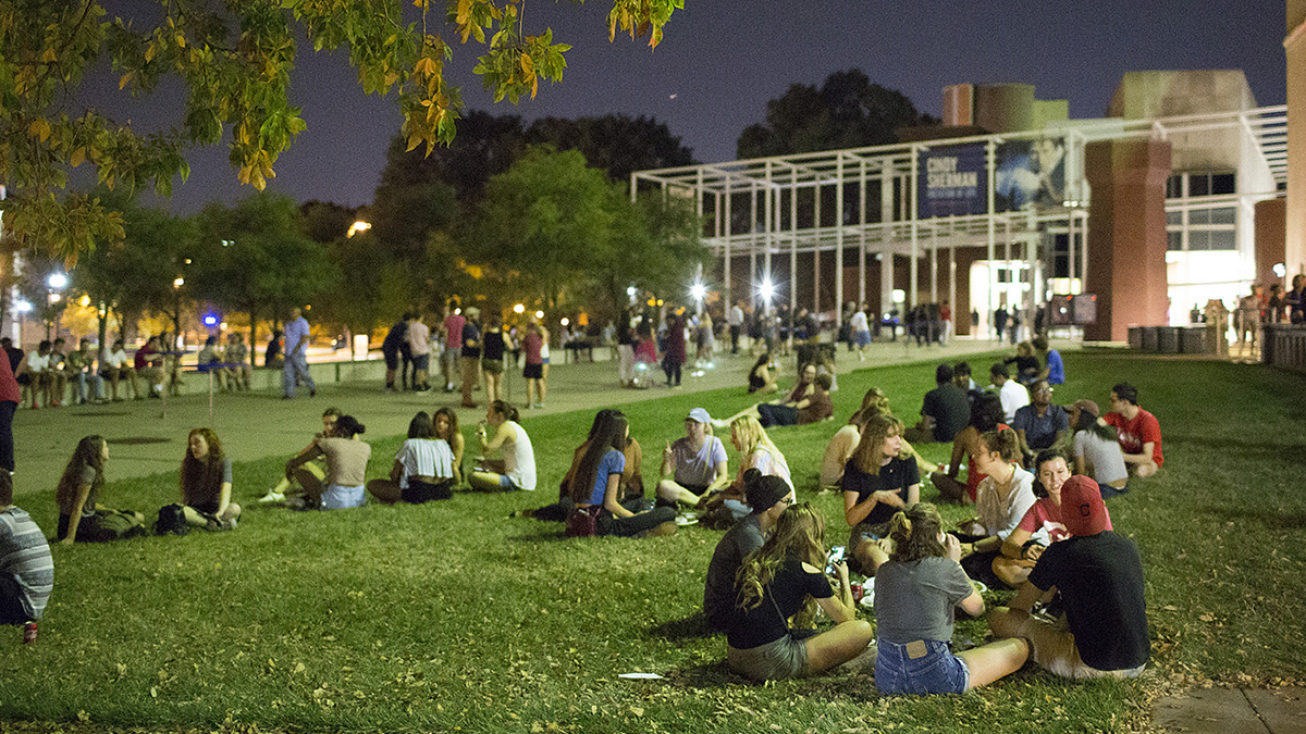 Ohio State University students congregate on the Wexner Center Plaza during the 2018 Student Party