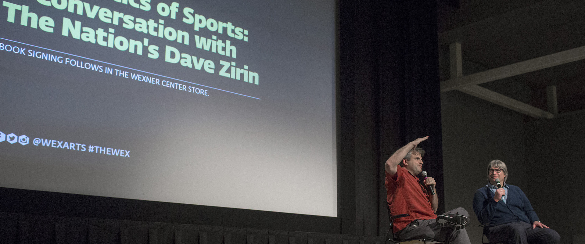 Dave Zirin, author and sports editor for the Nation, speaks with Film/Video Director David Filipi on the stage of the Film/Video Theater at the Wexner Center for the Arts on September 10, 2018