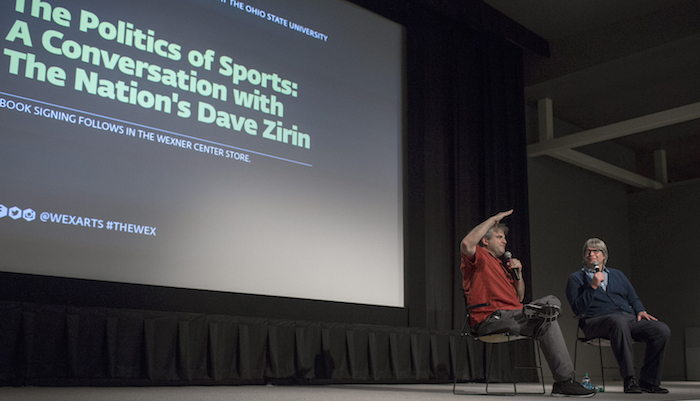 Dave Zirin, author and sports editor for the Nation, speaks with Film/Video Director David Filipi on the stage of the Film/Video Theater at the Wexner Center for the Arts on September 10, 2018
