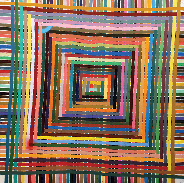 Alicia McCarthy painting with colorful lines creating a woven-like appearance