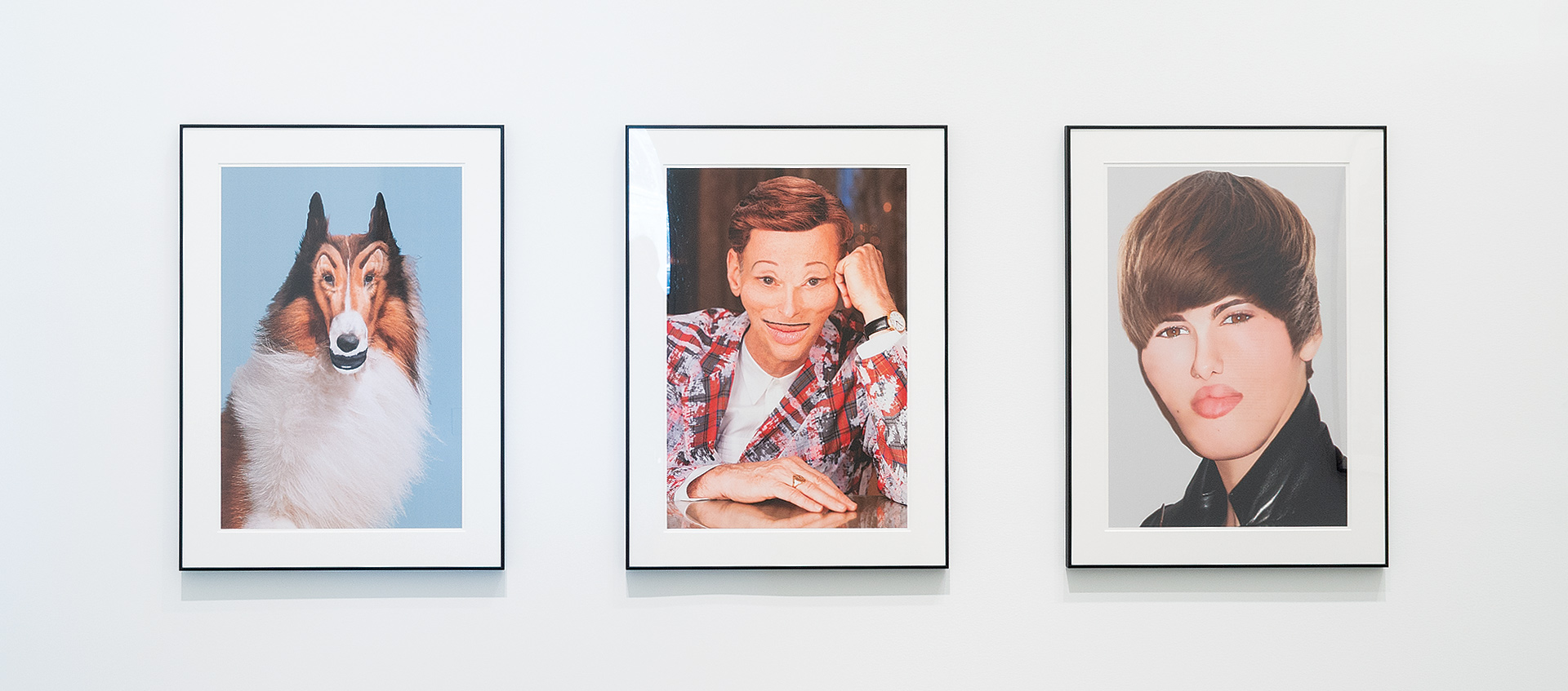 Line up of John Waters artworks including Lassie, a self portrait, and Justin Bieber
