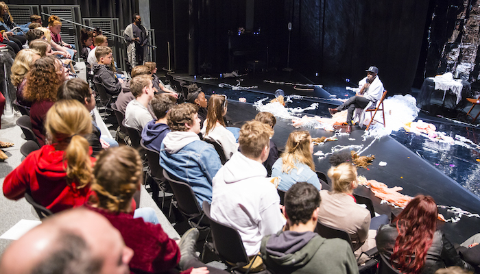 Performance artist Jaamil Olawale Kosoko meets with students in the Pages program in the Performance Space at the Wexner Center for the Arts on December 7, 2018; photo: Katie Spengler Gentry