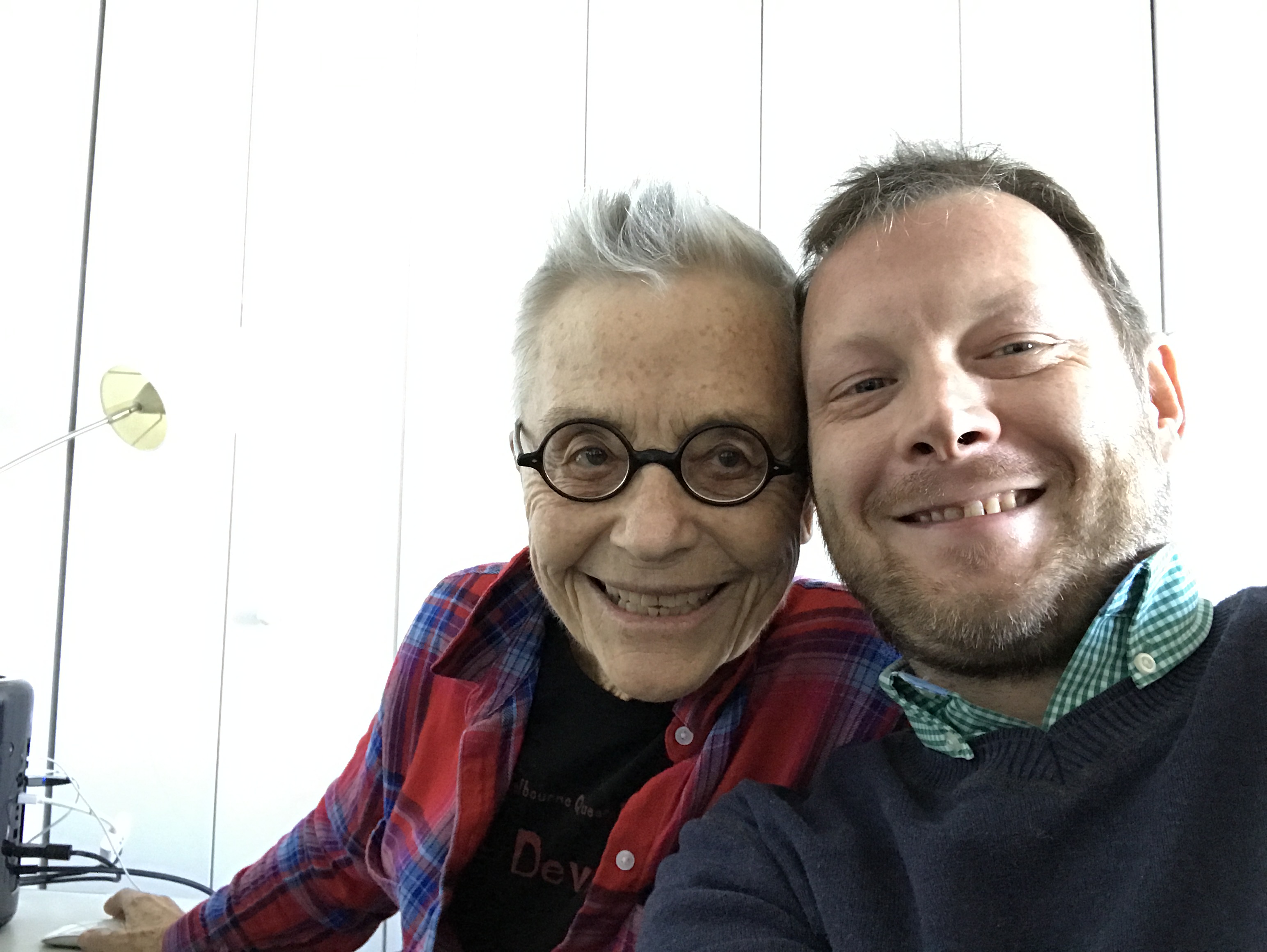 Experimental filmmaker Barbara Hammer with Wexner Center Film/Video Studio Editor Paul Hill on his visit to her NYC studio in fall 2017