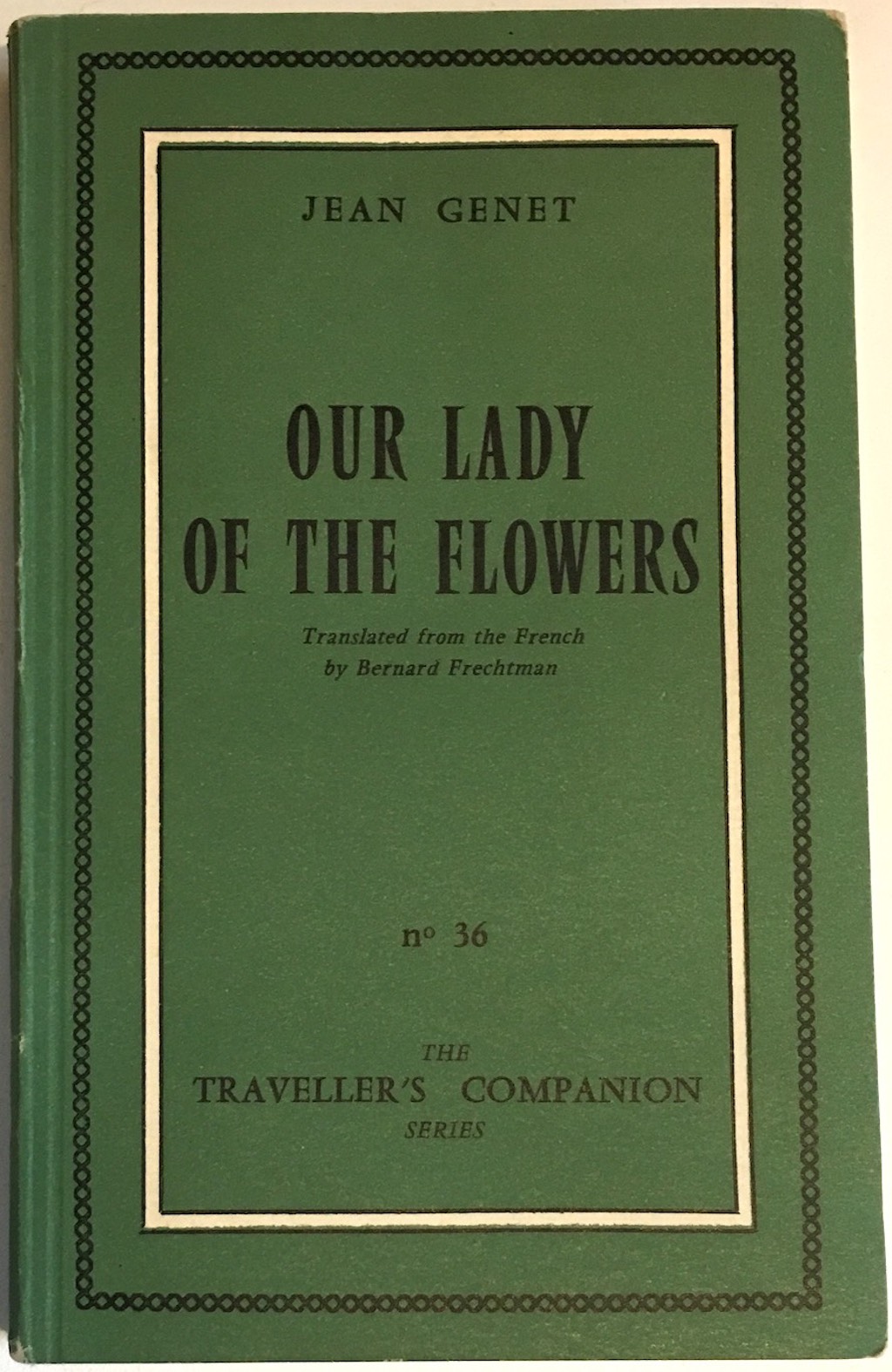A copy of Jean Genet's Our Lady of the Flowers, published in the Olympia Press Traveller's Companion series