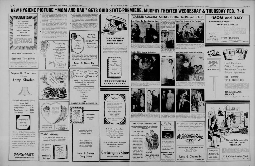 Newspaper ad for the 1945 premiere of Mom and Dad