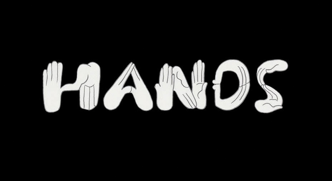 Title graphic for John Canemaker's hand drawn animated short, Hands, made up of white hands forming each letter against a black background.