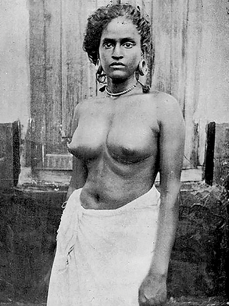 Archival image of bare-breasted Indian woman, found by artists Natasha Mendonca and Suman Sridhar while researching for their cinema-performance work Land of the Breasted Woman