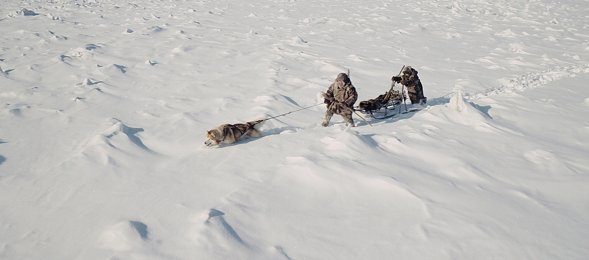 Two figures cross a snow-covered landscape with a dogsled in a scene from the Bulgarian film Aga