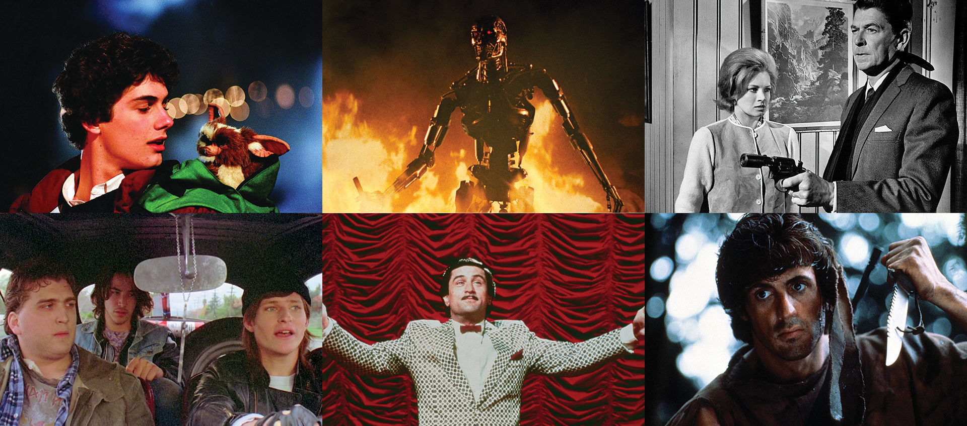 A collage of images from the films Gremlins, The Terminator, The Killers, River's Edge, The King of Comedy, and First Blood, created for the Wexner Center for the Arts film series Make My Day: Movie Culture in the Age of Reagan, based on the book by film critic J. Hoberman