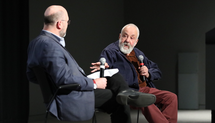 Ohio State professor Sean O'Sullivan and British film director Mike Leigh having a discussion on the stage of the Wexner Center Film/Video Theater October 16, 2019