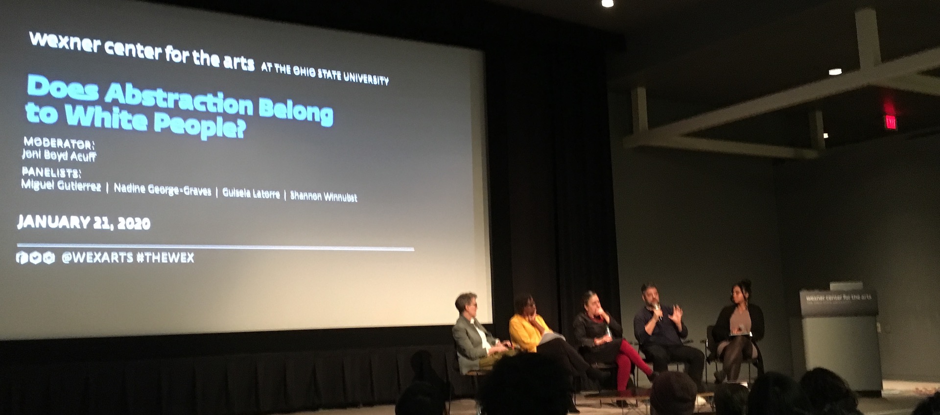 Ohio State University professors Shannon Winubst, Nadine George-Graves, Guisela LaTorre and Joni Boyd Acuff with choreographer and writer Miguel Gutierrez on the stage of the Wexner Center for the Arts Film/Video Theater for the panel discussion, "Does Abstraction Belong to White People?" on January 21, 2020