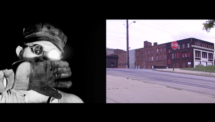 A dual-projection image of a steel worker and a street scene with a low brick building and a paved road with sidewalk, from the film Youngstown/Steel Town by William E. Jones