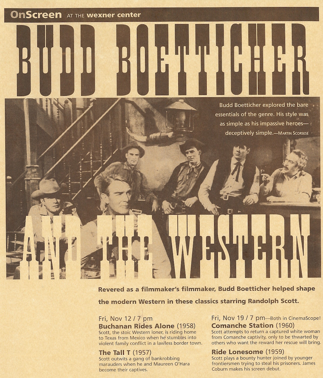 A promotional flier for a 1999 film series at the Wexner Center for the Arts on the Westerns of filmmaker Budd Boetticher