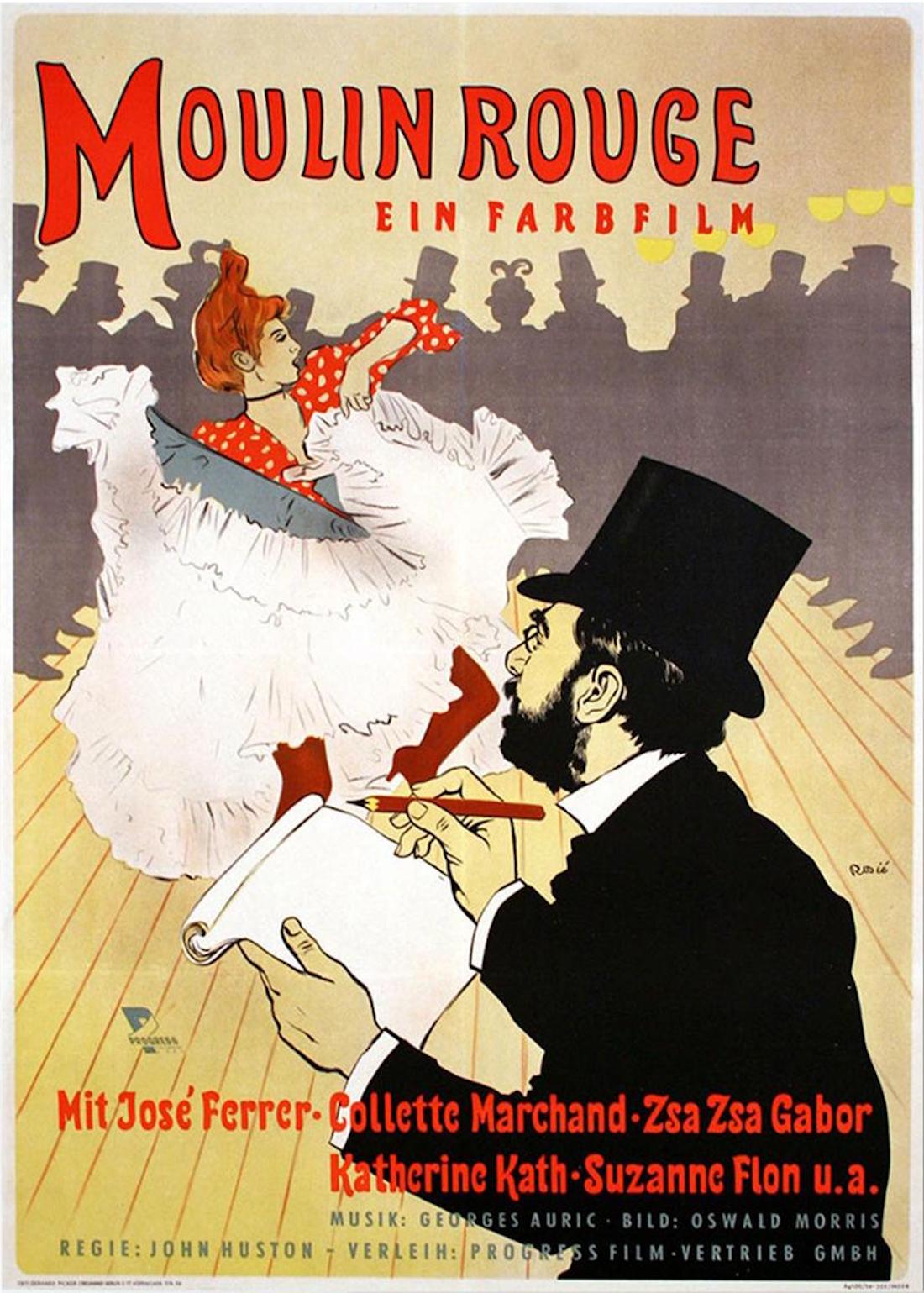 German movie poster for the 1952 release of John Huston's Moulin Rouge, an illustration of a man in a suit and top hat drawing a can can dancer, done in the style of artist Henri de Toulouse-Lautrec