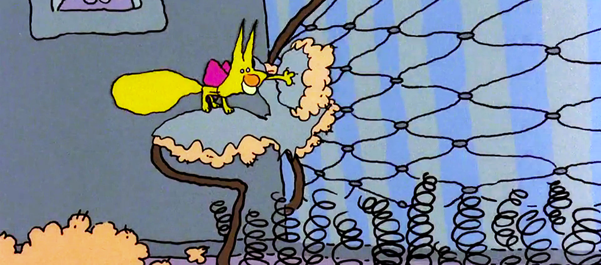 A yellow cat claws the last shred of upholstery on a couch in a scene from Cordell Baker's 1988 animated short The Cat Came Back