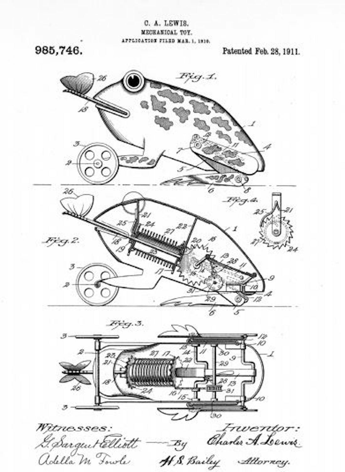 Vintage schematic illustration for a mechanical frog toy from the National Archives of the United States