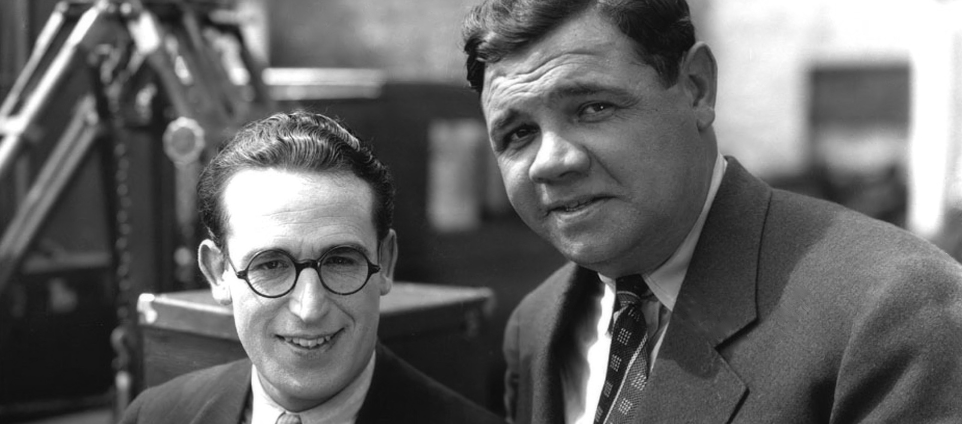 Vintage black and white photo of silent film comedian Harold Lloyd and baseball legend Babe Ruth